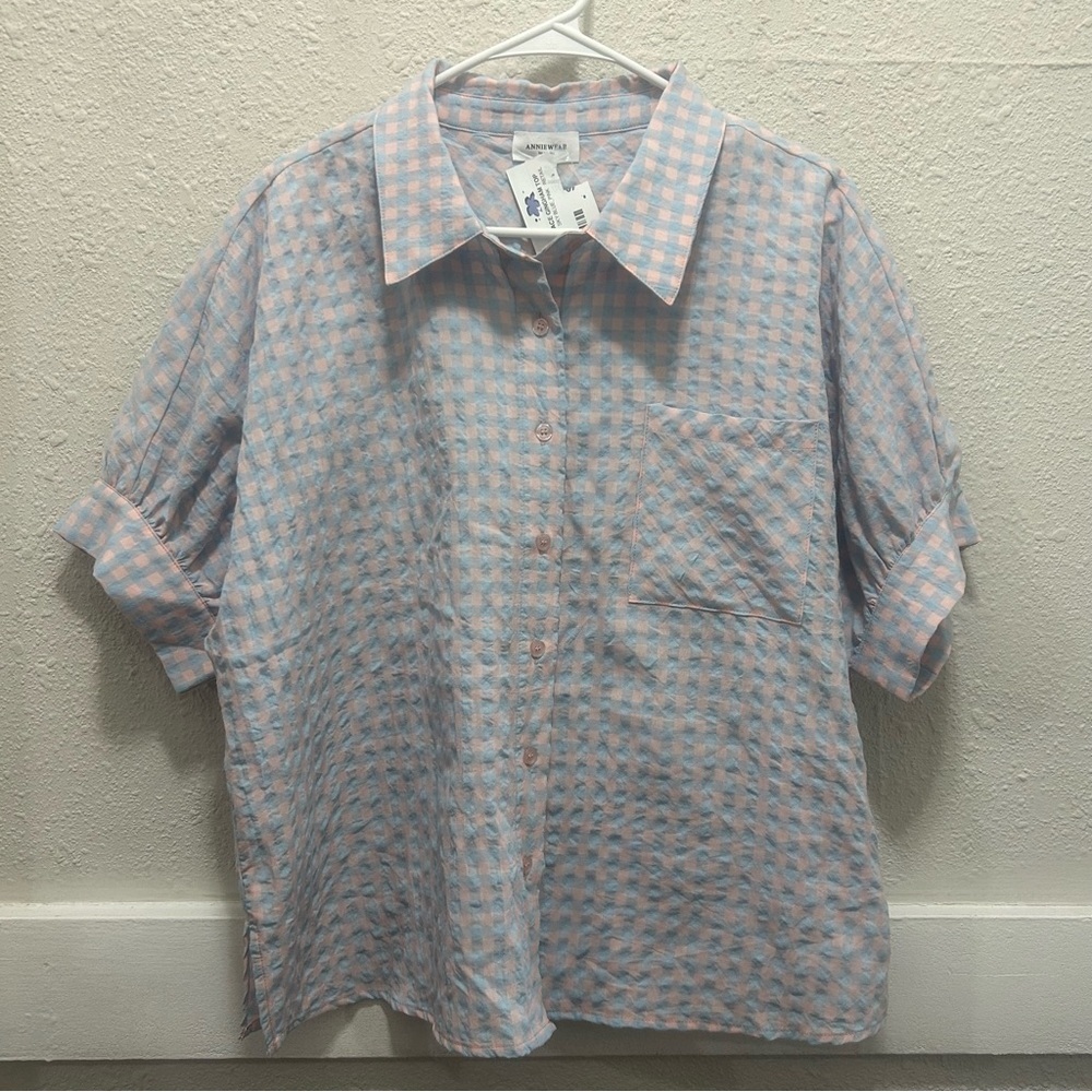 AnnieWear Grace Gingham Button Down Top in Sky Blue & Pink NEW M